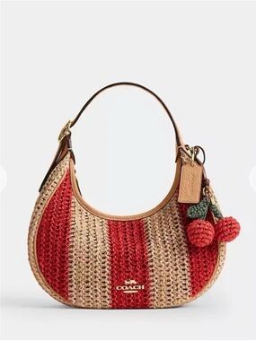 COACH Emily Shoulder Hobo Bag Red Natural Straw Crochet Cherry Charm
